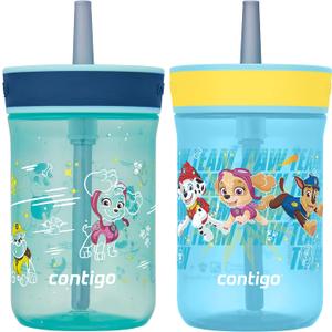 Contigo Leighton Kids Water Bottle, 2-Pack, 14oz, Paw Patrol, Spill-Proof, Dishwasher Safe Tumbler with Straw, Blue and Yellow