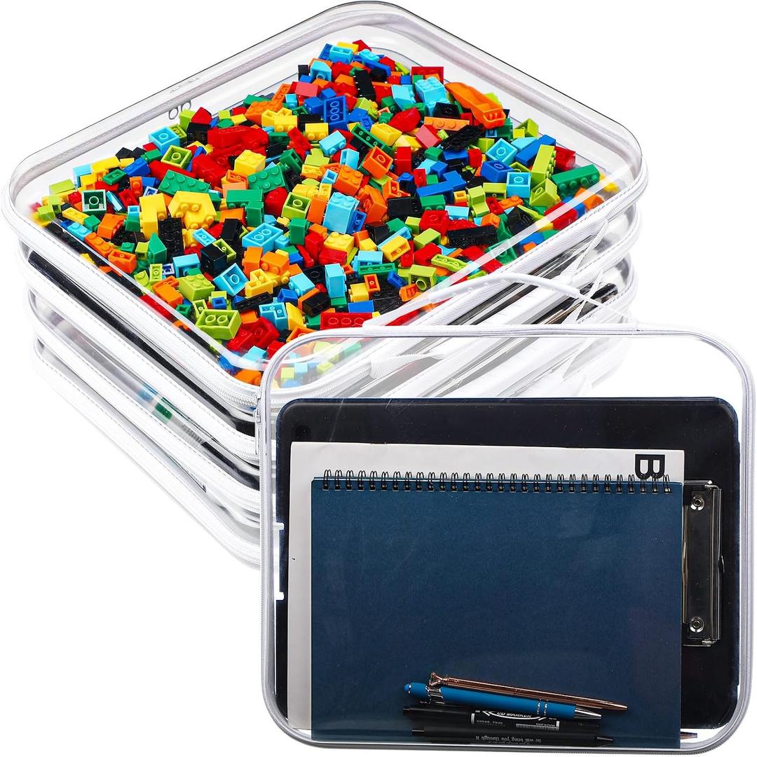 Sanwuta 4 Pcs Clear Hard Zipper Case with Handle Office Storage Cases Hard Plastic Pouches Transparent Bins for Crafts, Snacks, Cosmetics, Puzzles(13.8 x 11.8 x 2 Inches,White)