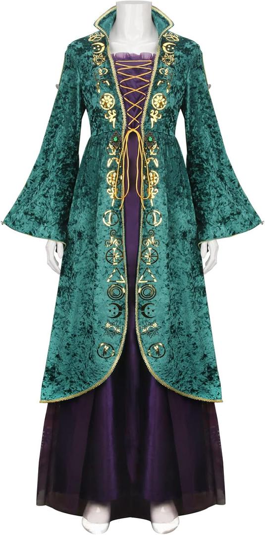 AMNPOLEN Adult Winifred Sanderson Costume Dress Women Girls Medieval Halloween Cosplay Witch Sorceress Long Velvet Robe Cape Outfit (Adult, Medium)