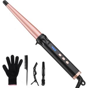 Tapered Curling Wand Iron 0.5 to 1 Inch with Tourmaline Ceramic Long Barrel, Hair Curler for Long Short Medium Hair, Dual Voltage for Travel, Adjustable Temperature, Auto Shut-Off with Glove