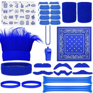 Bonuci 72 Pcs Blue Spirit Wear Man Accessories Items Bulk Team Spirit Week Field Day Camp Spirits Color War Accessories Fake Mustache Crazy Hair Wig Bandana Tattoo Noisemaker Eye Black
