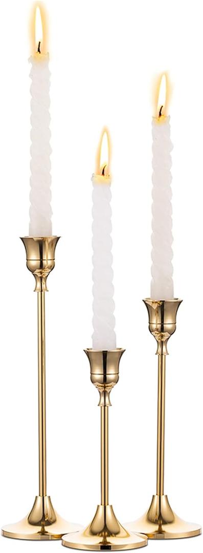 Candlestick Holders Taper Candle Holders, Set of 3 Candle Stick Holders Set, Brass Gold Candlestick Holder Set, Vintage Modern Decorative Centerpiece for Table Mantel Wedding Housewarming Gift (1 set (3 pcs))