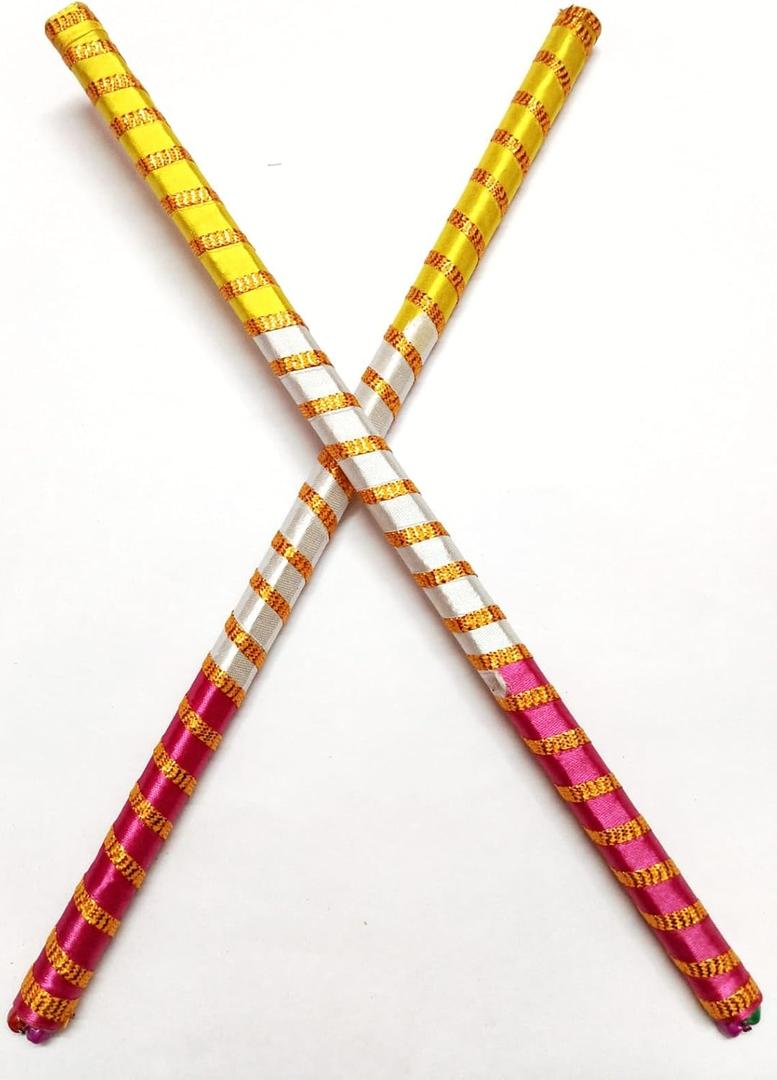 Dandiya Dance Sticks, Multicolor Striped Pattern with Ghungharu at end with Gold Accents, Traditional Folk Dance Accessories for Dandiya, Garwa Dance (1 Pair) (Pink White Yellow)