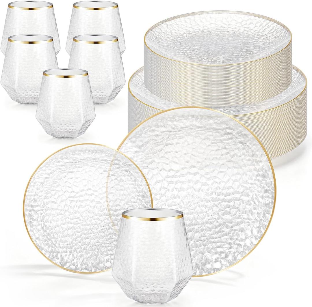 Havawish 72 Pcs Clear Plastic Plates and Diamond Unbreakable Stemless Cups Set Hammered Disposable Dinnerware 48 Pcs 2-Size Plates 24 Diamond Cups with Gold Rim for Christmas Wedding Party Supplies