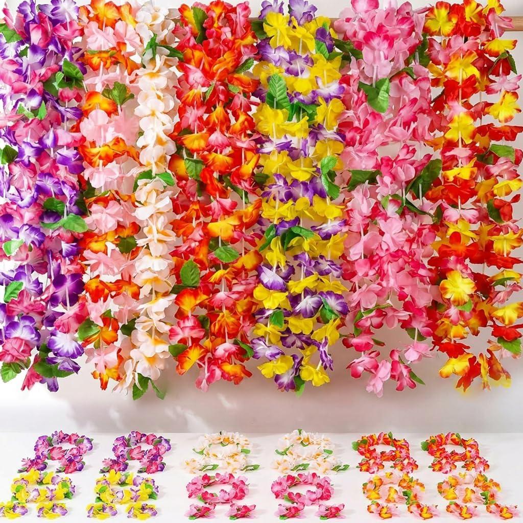 FUTUREPLUSX 48pcs Leis for Luau Party decorations, Hawaiian Leis Tropical Hawaiian Bulk Including Colorful Flower Necklace Headbands and Wristbands for Hula Dance Party Tropical Summer Beach Theme