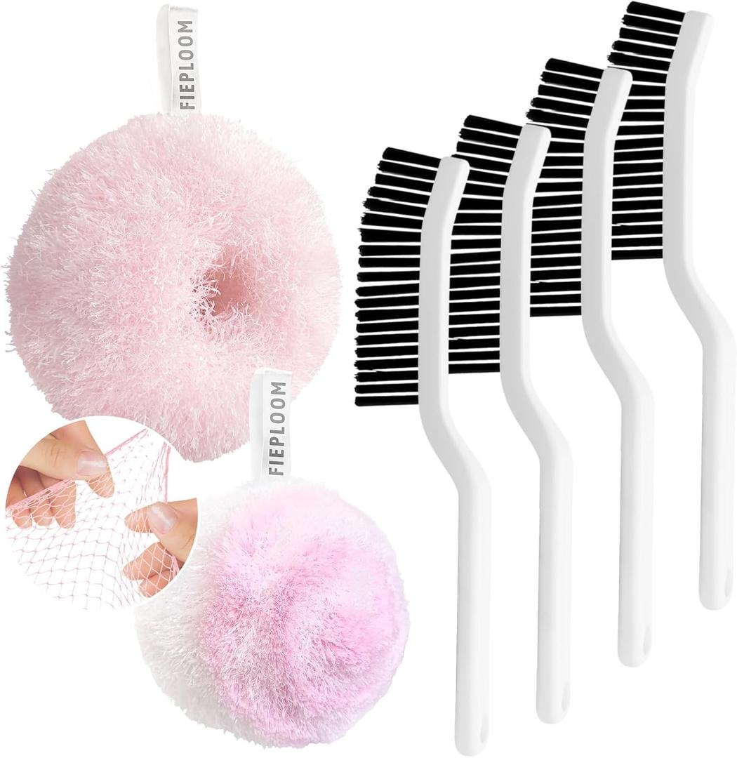 Hard Bristle Crevice Cleaning Brush & Non Scratch Soft Scrub Brush Set, 6-Pack: 4 Stiff Gap Grout Brush+2 Gentle Sponge Brush, Multi-Purpose Bathroom & Kitchen Cleaning Tool
