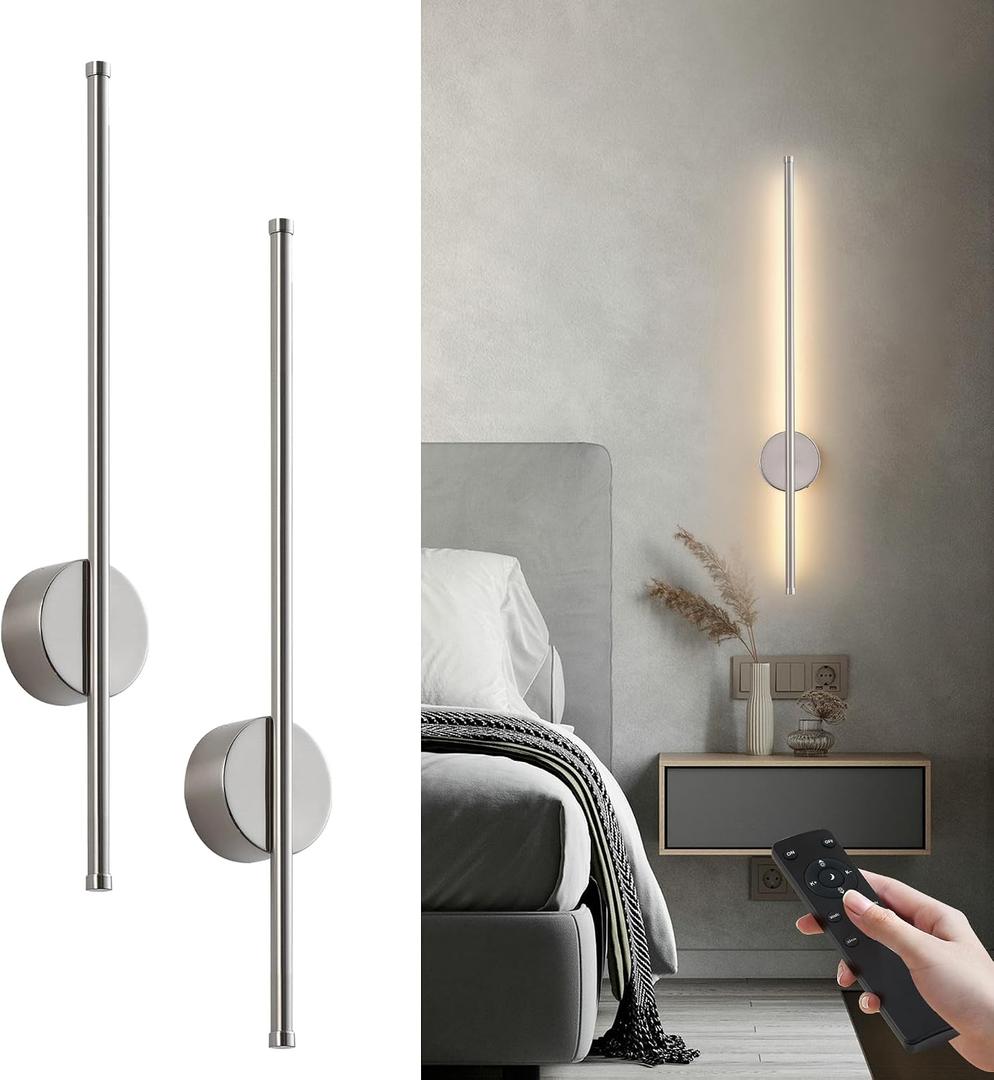 Battery Operated Modern Wall Sconces, Dimmable Wireless Wall Light Set of Two with Remote Control, 3 Color Temperatures, Rechargeable LED Wall Sconce for Bedroom, Living Room,Hallway, 23.6 Inch Nickle