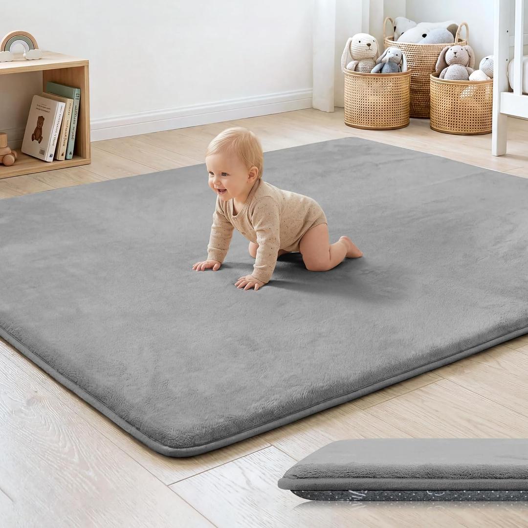 1.3" Thick Baby Floor Play Mat 50x50, Basic Padded Foam Mat for Tummy Time Crawling, Non Slip Cushioned for Babies Toddlers Infants Kids (Light Grey)