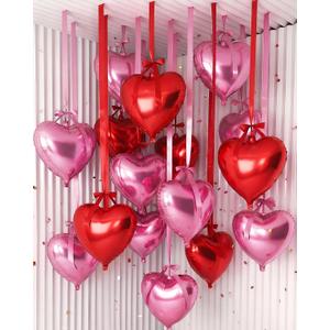 Jenaai 30 Sets Heart Foil Balloons Bulk, 30 18" Heart Balloons, 30 Satin Bows for Balloon and 2 Pcs Ribbons, Love Foil Balloon for Wedding Party Supplies Bridal(Pink, Red)