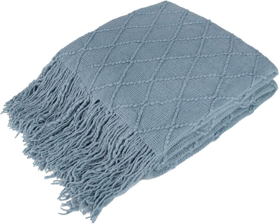 PAVILIA Dusty Blue Knit Throw Blanket for Couch Bed, Soft Knitted Farmhouse Sofa Throw for Living Room, Lightweight Decorative Summer Throw Blanket for Chair, Outdoor Textured Boho Blanket, 50x60