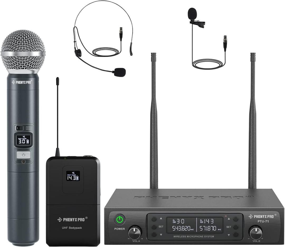Phenyx Pro Wireless Microphone System, Dual Channel 100 UHF Metal Receiver, 328ft Range Auto Scan, Cordless Handheld & Bodypack & Lapel Mic Combo for Karaoke Church Speech PTU-71-1H1B