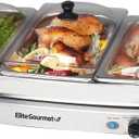 Elite Gourmet EWM-9933 Triple 3 x 2.5 Quart Trays Buffet Server 7.5 Qt Oven Safe Pan Food Warmer, Temperature Control, Clear Slotted Lids, Perfect for Parties, Entertaining & Holidays, Stainless Steel
