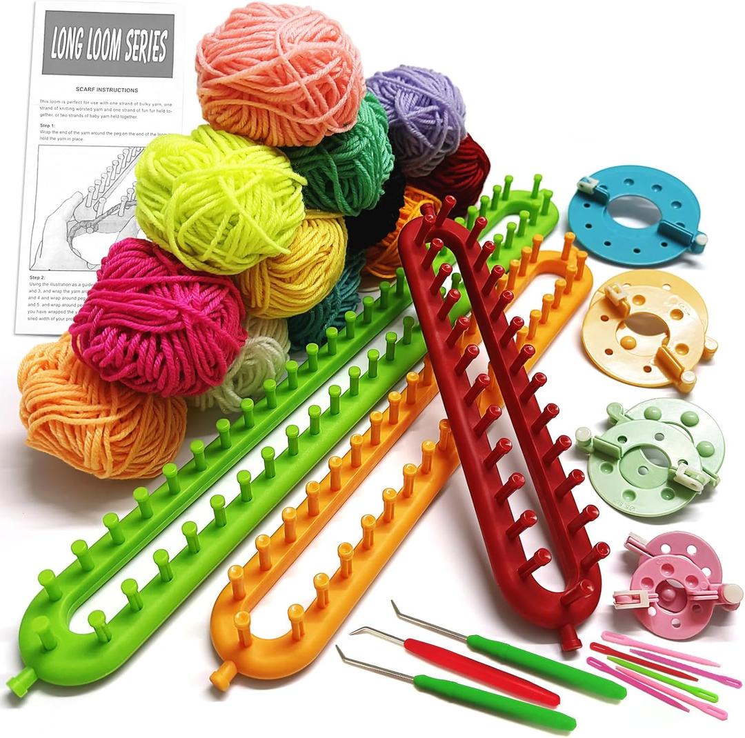 UCDRMA Knitting Loom Kit 19PC Scarf Loom Knitting Kit for Beginners, Quick Loom Knitting for Beginners Adult/Kids Contain Instructions, Pom Pom Maker and Yarn for Crochet Blanket Kit
