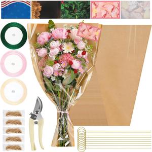 50 Sheets 22" x 14.2" Flower Bouquet Wrapping Bags Kraft Paper Sleeves, Total 159Pcs RibbonsX3 Pruning ShearsX1 Card HolderX50 CardsX50 RopeX5 Floral Bouquets Bag for Flowers Bar Graduation Wedding