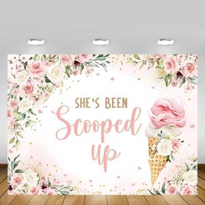 MEHOFOND Ice Cream Bridal Shower Backdrop She's Been Scooped Up Pink Floral Bridal Shower Background Summer Couple Wedding Bride to Be Engagement Party Decorations Banner Photo Props 7x5ft