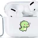 Airpods Pro Case Cover Cute Soft Silicone Clear with Pattern Designs for Women Men Shockproof Protective Case for Airpods Pro Case with Carabiner [Front LED Visible] (Baby Dinosaur With Metal Hook)
