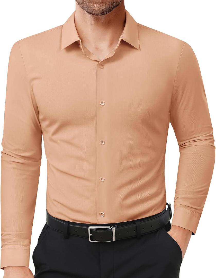Lion Nardo Slim Fit Dress Shirts for Men Stretch Muscle Fit Long Sleeve Dress Shirts Wrinkle Free Formal Button Down Shirts (Orange, XXL)