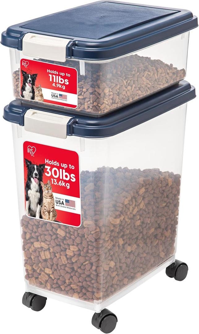 IRIS USA Dog Food Storage Container 30 lb + 11 lb, Stackable Combo Set, Airtight Pet Food Storage Bins with Wheels for Dog Cat Bird Chicken Food, BPA Free, Made in USA, Navy, 41 Lbs