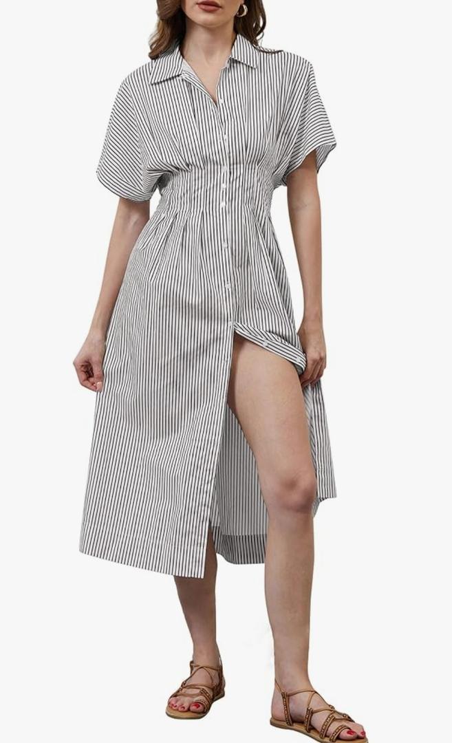 MSBESYOR Women Button Front Pleated Shirt Maxi Dress Summer Striped Prints Short Sleeve Collar Casual Long Dresses Size M