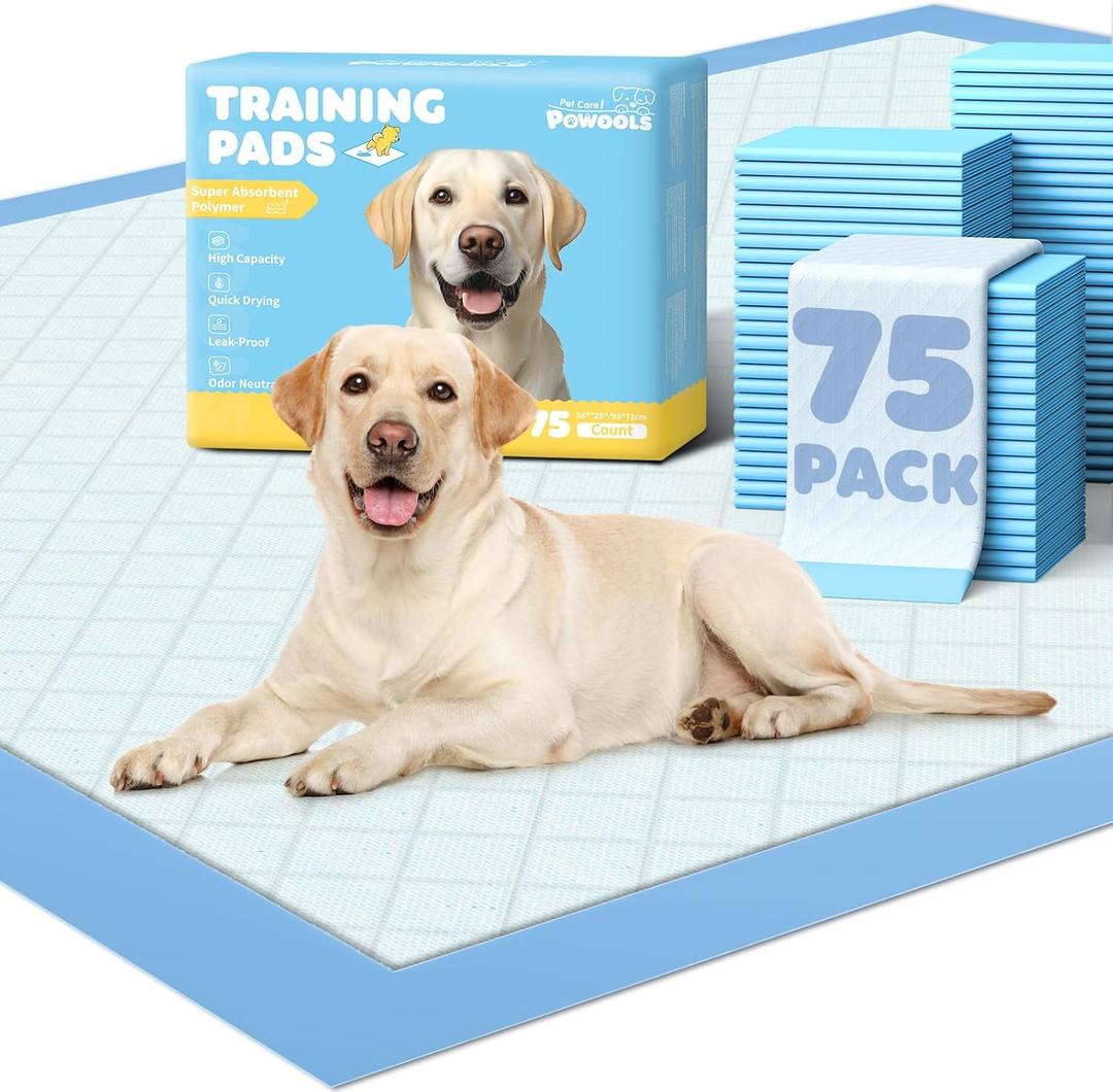 Powools 75-Pack XX-Large Puppy Pads - 38" x 28" Pee Pads for Dogs Potty Training with Leak-Proof Quick-Dry Design, 6-Layer Wee Wee Pads for Dogs, Blue