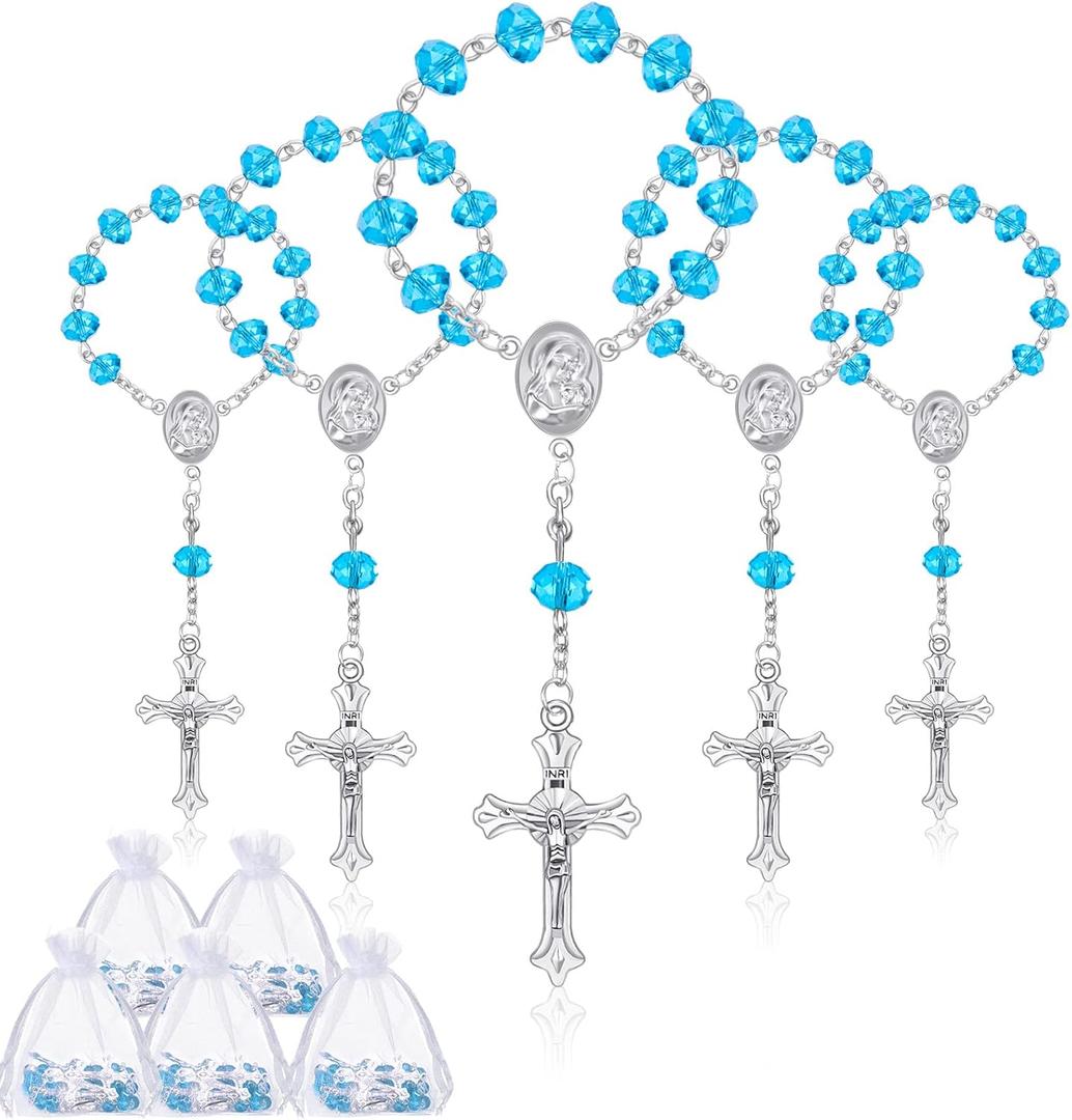 Yinkin 30 Pieces Baptism Rosary Catholic Mini Rosaries Baptism Favors for Guests Party Favors Rosary Beads 30 Pcs Organza Bags for Christening Weddings First Communion Gift(Light Blue)