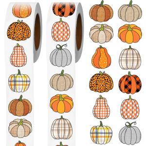 2 x Plaid Pumpkins Stickers Roll - 1000 Pcs Colorful Buffalo Plaid Pumpkin Pattern Self-Adhesive Stickers 12 Designs Pumpkin Decals Thanksgiving Autumn Labels for Fall Harvest Party Supplies