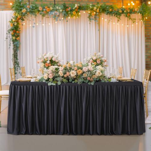 Wish Care Black Table Clothes for Rectangle Tables 6ft, Wrinkle Resistant Fitted Table Cloth with Pleated Ruffle Skirts for Banquet Wedding Baby Shower Folding Tables