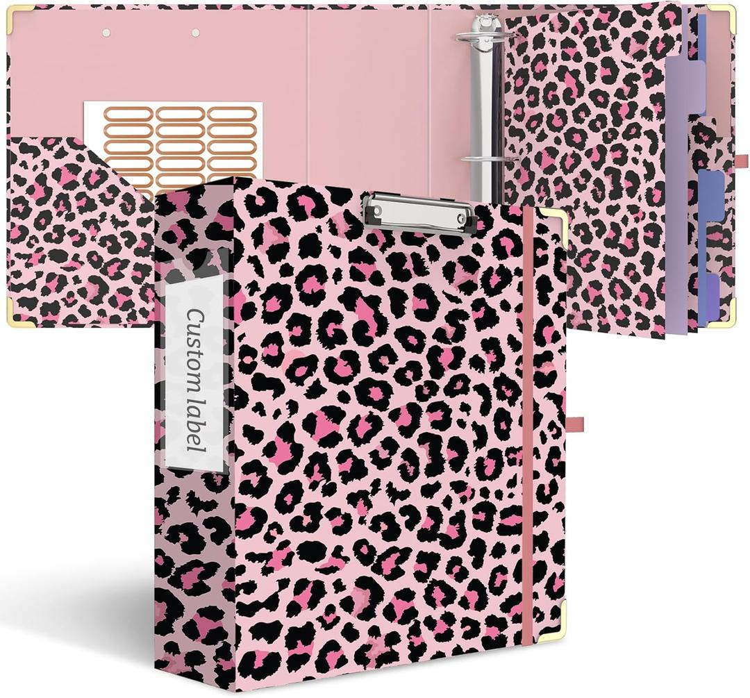 3 Ring Binder 3 Inch, Cute Round Ring Binder with 6 Tab Dividers & Label Stickers, Low Profile Clipboard with Storage, Fashion Binder for School Office Supplies (Pink Leopard)