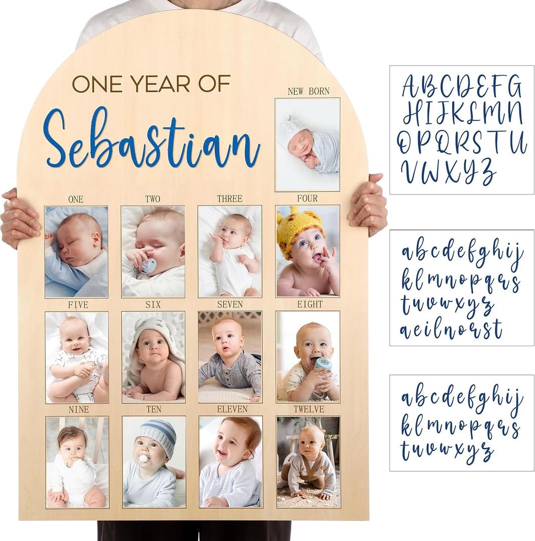 Leinuosen 33 x 22 Inch My First Year Photo Board 12 Monthly Picture Frame with DIY Name Felt Letters 1st Birthday Decorations Gifts for Boy Girl Newborn Keepsake, Fits 4 x 6 Photos(Blue)