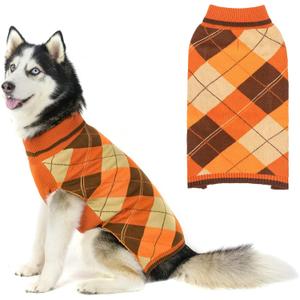 KOOLTAIL Fall Dog Sweater Pet Knitted Clothes - Classic Plaid Pullover Turtleneck Thanksgiving Dog Sweaters with Leash Hole, Thick Cold Weather Pet Outfits for Small Medium Large Dogs Cats Puppy L (Orange)