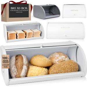 FINESSY Large Bread Box White for Pantry, Bread Box for Kitchen Countertop Stainless Steel, Breadbox Keeper for Fresh Homemade Muffin Sourdough Bagel Sandwich, Large Food Storage Containers with Lids