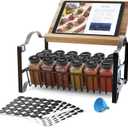 3 Tier Spice Rack Organizer with Bamboo Top Tablet Holder, 18 Spice Jars, 422 Spice Labels, and Funnel Set for Kitchen, Cabinet, Countertop, Pantry, Cupboard. Seasoning Organizer Black