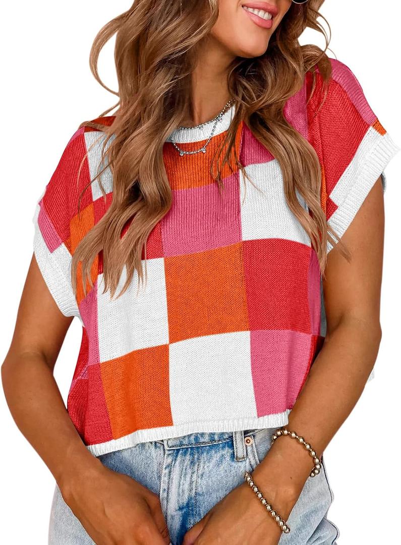 Saodimallsu Womens Cap Sleeve Crop Tops Summer Color Block Going Out Crew Neck Knit Trendy Casual Sweater (Orange, XL)