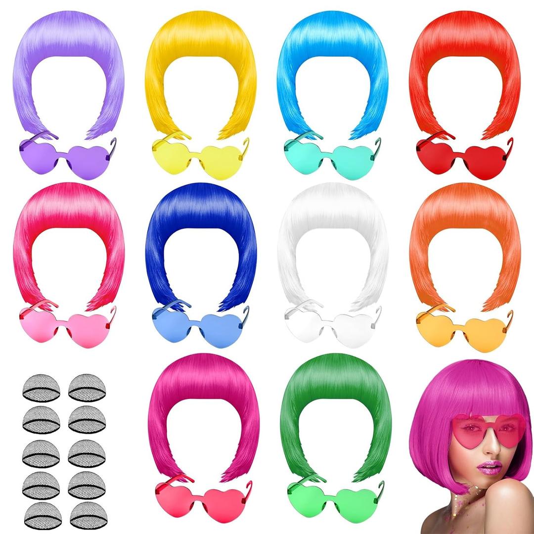 PLULON 10 Pcs Colorful Bob Wigs with Heart Plastic Sunglasses Hair Cap for Women, Costume Colorful Cosplay Wig Daily Party Hairpieces for Bachelorette Neon Party Favors, Halloween Decorations (Multicolor)