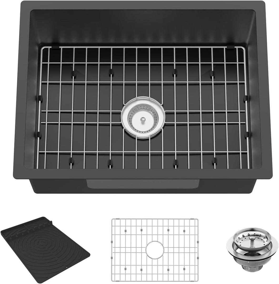 Black Kitchen Sink,24x18 Inch Stainless Steel Undermount Kitchen&Bar Sink Drop In Stylish And Modern Look With Bottom Grid,Silicon Mat And Drain Assembly Add Elegance & Enhance Usability