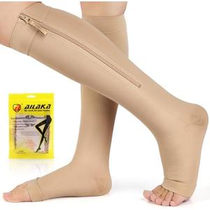 Ailaka Zipper Compression Socks for Women Men, 20-30 mmHg Open Toe Compression Socks Knee High, Ted Hose Compression Stockings for Edema, Varicose Veins, XL