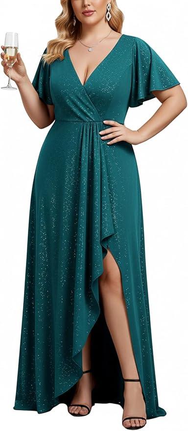 Ever-Pretty Women's Glitter Plus Size Formal Dress V-Neck Short Sleeve Wedding Guest Dresses A line High Low Evening Gowns, Size 22