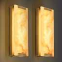 14.2 in Brass Alabaster Wall Sconces, Natural Marble Wall Sconces Set of Two, Indoor Alabaster Sconces for Living Room, LED Modern Alabaster Sconces Wall Lighting for Dining Room,Bedroom ,Stairs, 2-Pack