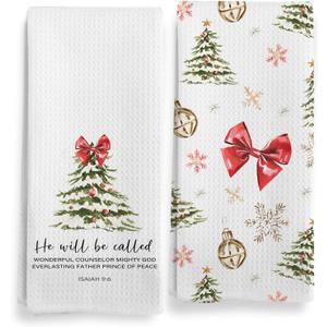 Christian Christmas Kitchen Towels, Red Bow Christmas Tree Decorative Set, Hand Dish Tea Towels 16x24 Inch