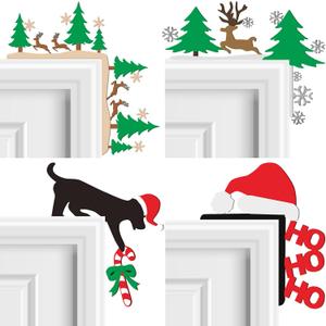 MorningRo 4 Pcs Christmas Door Frame Decoration Set Metal Santa Hat, Xmas Tree, Deer and Black Dog Wall Art Decor Christmas Corner Sign Bathroom Decor for Indoor Outdoor Door Window (Red and Green)