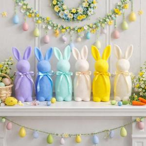 Wesiti 6 Pcs Easter Decorations Flocked Bunny Figurines with Bow Tie 8.8" Flocking Rabbit Tabletop Mantel Decoration for Easter Centerpieces for Spring Home Office Table Decor Supplies(Pastel)