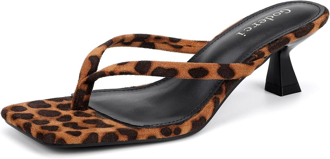Kitten Flip Flop Thong Low Heels for Women Square Open Toe Slip On Heeled Sandals (7, Leopard)