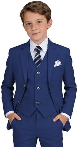 Boys' Suit Kids Formal Tuxedo Suits Set for Boys 4 Piece Dress Clothes Easter Wedding Outfit with Tie Pocket Square, Blue, Size 16 Y