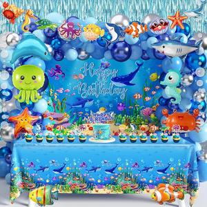 Under the Sea Party Decorations 98Pcs, Ocean Theme Birthday Party Supplies Include Backdrop Tablecloth Bubble Garlands Cake Topper Ocean Animals Balloons for Pool Beach Party Baby Shower (Ocean-01) 