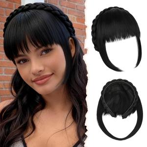 Braided Headband with fake Bangs Fringe Hairpieces Synthetic Hair Band Bangs for Women Dark Black