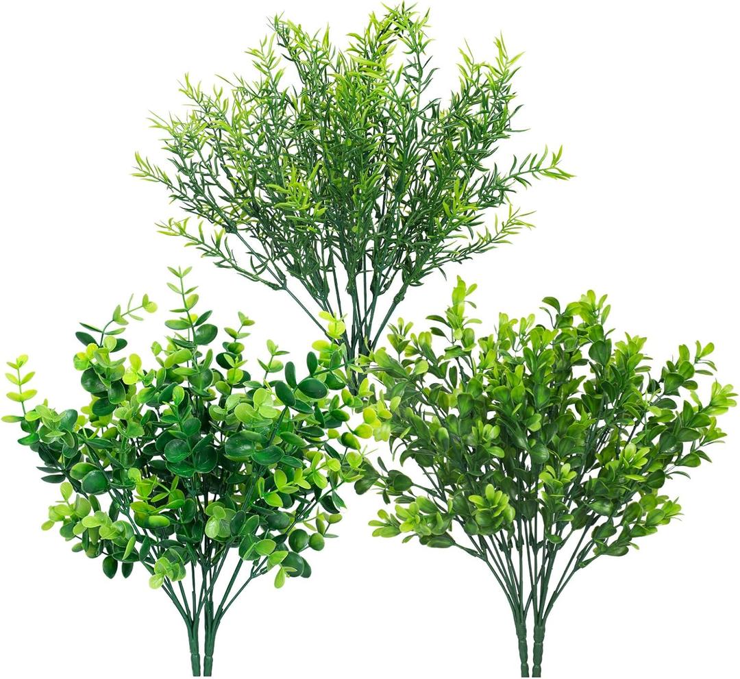 Ouddy Decor 6 Bundles Artificial Greenery Stems Mixed Fake Plastic Plants Eucalyptus Rosemary Faux Magnolia for Outdoor Indoor Garden Home Window Box Decor