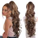 Clip on Ponytails for Women - 26 Inch Long Ponytail Extension, Wavy Pony Tails Hair Extensions, Synthetic Hair Extensions Ponytail, Clip in Ponytail (Color: Chestnut Brown With Golden Highlights)