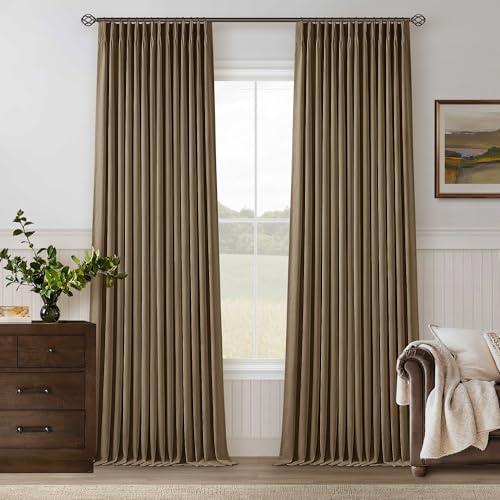 Brown Pinch Pleated 100% Blackout Linen Bedroom Curtains 96 Inch Length Double Layer Pleat Curtains Ring Hooks Back Tab Black Out Room Darkening Drapes 96 Inches Long Living Room Dutch Cocoa