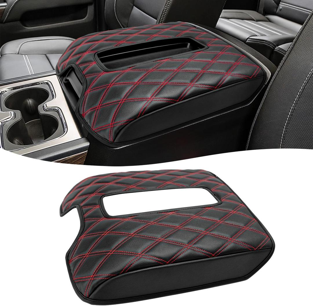 KBH Center Console Armrest Cover for Chevy Silverado & GMC Sierra 1500 2500 3500 2014-2018, Tahoe Suburban Yukon 2015-2020, Bucket Seat Console, Vinyl Leather, Black-Red Double Stitch