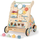 LOLFUN Wooden Baby Walker with Detachable Busy Board, Push Walker for Baby with Adjustable Speed Wheels, Activity Learning Walker for Boys Girls 12 Months